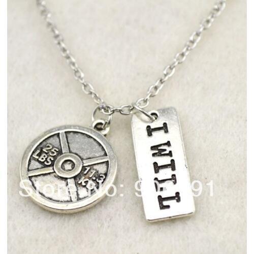 Antique Silver plated 25LBS weight plate and rectangular i will charms Chain Necklace,30pcs a lot