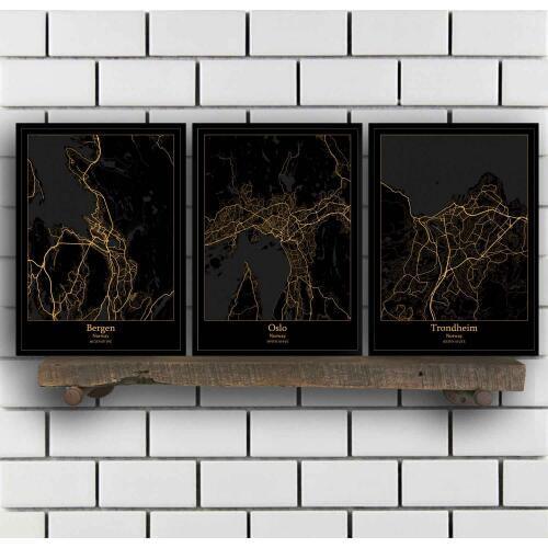 Bergen Oslo Trondheim Norway Map Poster