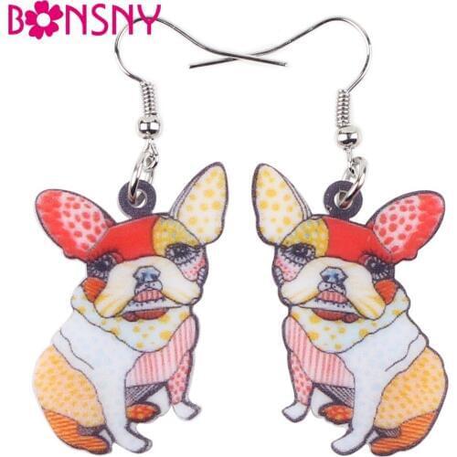 Bonsny Drop French Bulldog Pug Dog Earrings Big Long Dangle Earring Acrylic ANIMAL Fashion Jewelry For Women Children Girl Gift
