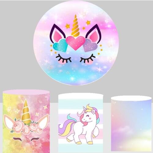 Unicorn Baby Shower Photo Background Girl Party Decoration Rainbow Round Circle Photography Backdrops cylinder column covers 818