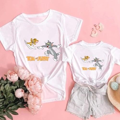 Cat Mouse New T-shirts Women Loose Casual Short Sleeve Cute Female Cartoon Tshirt Summer Tops Tees Harajuku T Shirts Family Sets