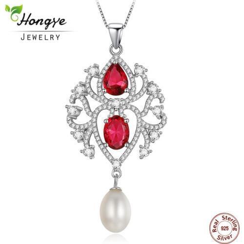 Hongye 2020 Luxurious Natural Freshwater Pearl Pendant 925 Sterling Silver Necklace Jewelry Red and Green Pendant for Women