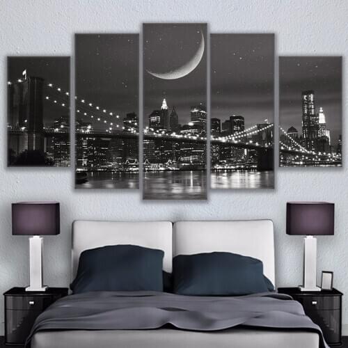 Canvas Paintings Modular Wall Art Frame Home Decor 5 Pieces New York Moonscape Pictures HD Prints Brooklyn Bridge Poster PENGDA
