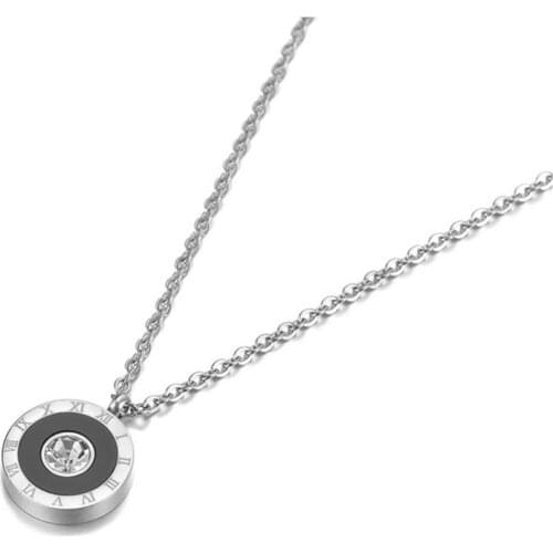 Classic Black Acrylic Circle Roman Numeral Pendant Necklaces For Women Titanium Steel CZ Wedding Necklace Jewelry N19106