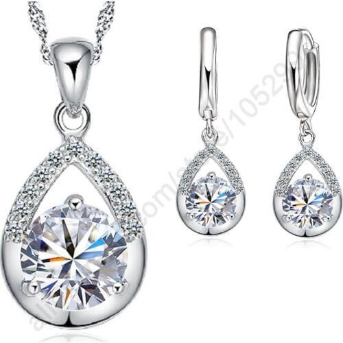 Elegant Fashion Jewelry Sets Pure 925 Sterling Silver White Gold Top Quality Earrings Necklace Set For Women Wedding Dress SET