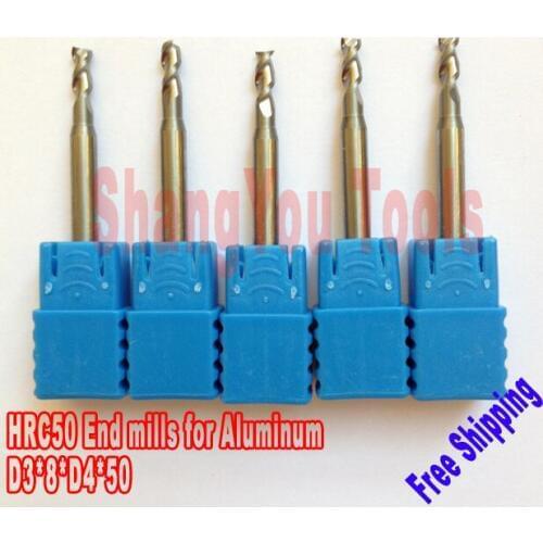 8pcs 3mm hrc50 D3*8*D4*50 2 Flutes End Mills for Aluminum Spiral Bit Milling Tools Carbide CNC Router bits