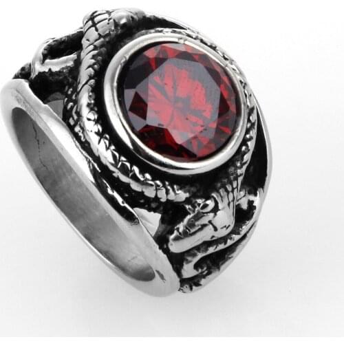 Deep Red CZ Crystal Gem Snake Fashion Mens 316L Stainless Steel Biker Ring Mens Jewelry