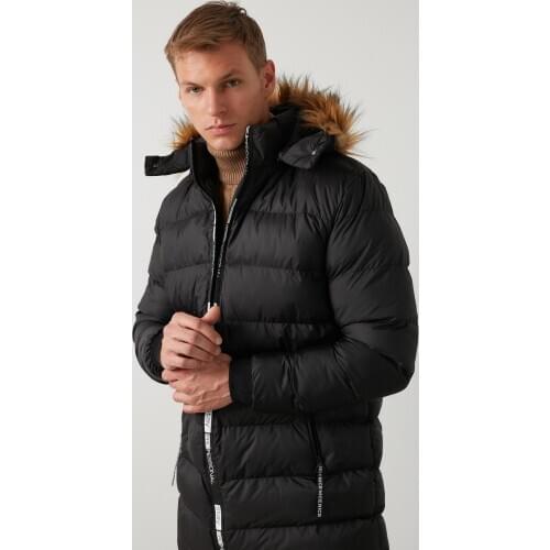 Male Black Removable Hooded Sheer Neckline Long Inflatable Coat