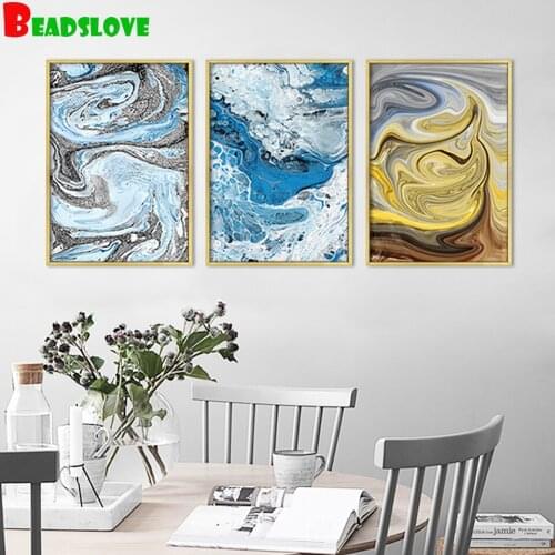 3 piece modern art Diamond painting Embroidery Full round Square drills blue Golden Abstract 3d Cross Stitch Diamond Mosaic set