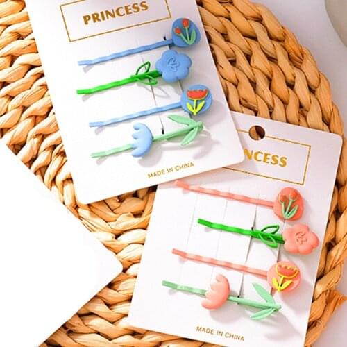 Four-piece Set Summer Flowers Word Clip Ins Girls Net Red Cream Tulip Hairpin Sweet Cute Hairwear Spray Paint Hair Accessories