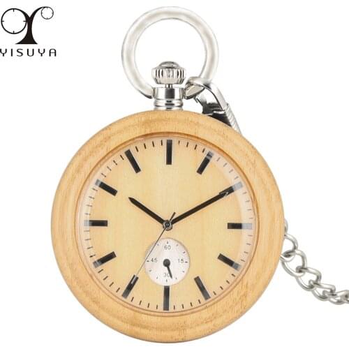 Natural Vintage Wood Pocket Watch Decor Small Dial Simple Quartz Pocket Timepiece Silver Chain Pendant Clock Gifts Men Women