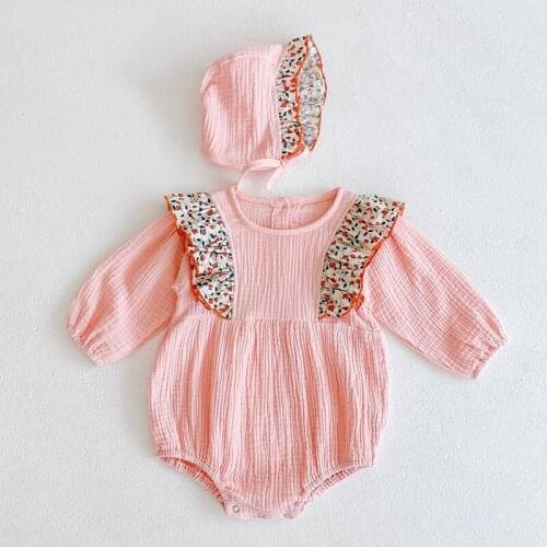 Autumn Baby Girl Clothing Toddler Girls Bodysuits Floral Flying Sleeves Baby Jumpsuit +Hat 2PCS Outfit Spring Infant One-piece