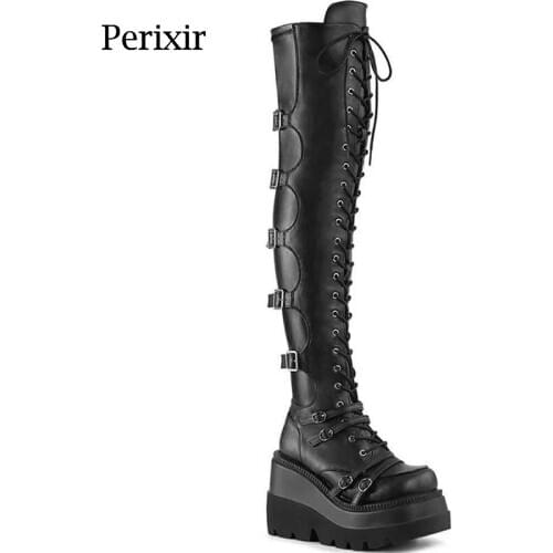 Perixir Women Over The Knee High Martin Boots Punk Style Dark Heavy Metal Decoration Lady Footwear Motorcycle Cool Girl Shoes