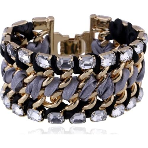 HAHATOTO Gold Plated Chains and Cup Chains Twined by Ribbon Charm Bracelet Crystal Bangle Statement Bracelets for Women or Girl