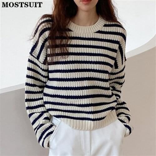 Striped Knitted Pullover Sweater Women Full Sleeve O-neck Loose Knitwear Casual Fashion Korean Female Jumpers Femme