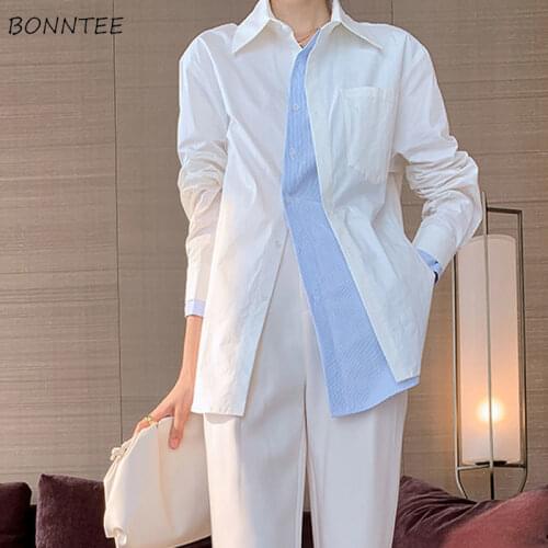 Shirts Women Design Simple Fake Two Pieces All-match Patchwork Streetwear Tops Loosely Spring Temperament Chic Leisure Clothing