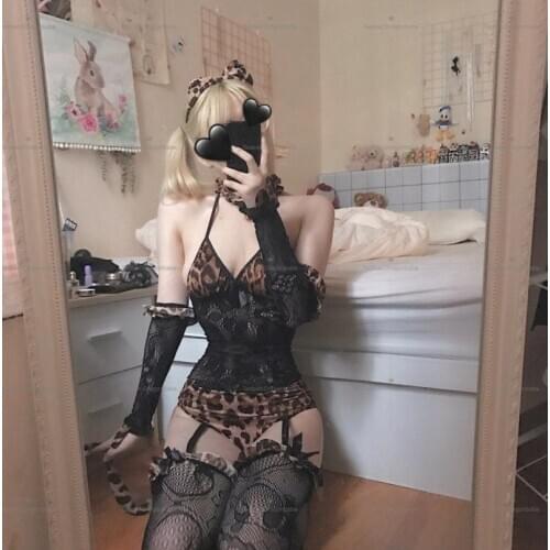 Sexy Underwear Leopard Cat Teddy Costume Sexy Lingerie Party Night Club Cat Fancy Dress Roleplay Uniform with Stockings Set