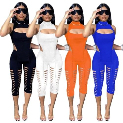 Sexy Hollow Women Two Piece Set Summer Halter Tank Turtlneck Tops High Waist Cropped Pencil Pants Set Female Party Club Outsuits