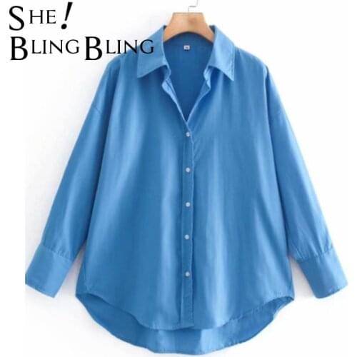 SheBlingBling 2021 Summer Za Women Turndown Collar Yellow Loose Blouse Female Long Sleeve Shirt Casual Lady Tops Blue Blouses