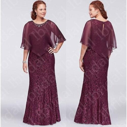 Gorgeous 2021 New Mermaid Lace Mother of the Bride Dresses Burgundy Jewel Neck Beads Wedding Party Dresses with Shawl Sleeveless