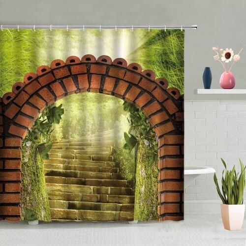 Spring Scenery Shower Curtain Green Plants Flowers Tree Vine Arch Dream Landscape Bathtub Decoration Screen Washable With Hooks