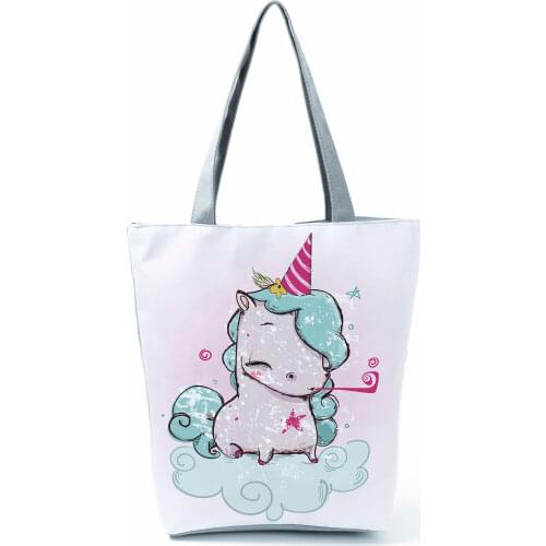 Cute Unicorn Printed Handbags Cartoon High Capacity Eco Reusable Shopping Bag Women Shoulder Bag Fashion Tote Travel Beach Bag