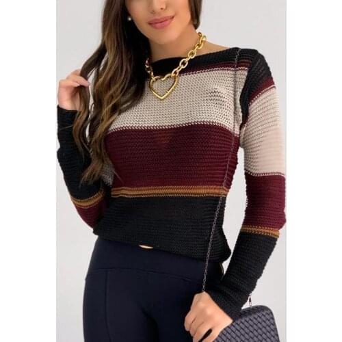 Women Elegant O-Neck Knitted Sweater Autumn Vintage Patchwork Long Sleeve Tops Jumpers Winter Thick Warm Loose Pullover Sweaters