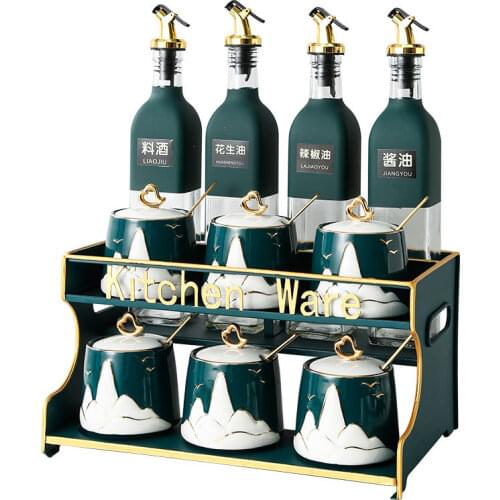 Landscape Dark Green Ceramic Seasoning Pot Suit Kitchenware Sugar Salt Soy Sauce Vinegar Seasoning Bottle Condiment Dispenser