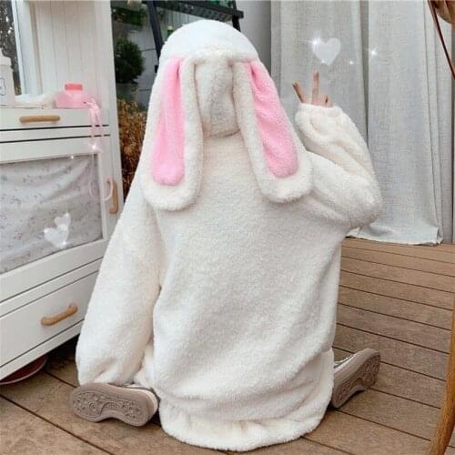 Zip-up Hoodies Women Sweatshirt Long Lantern Sleeve Hooded Rabbit Ears Lolita Cute Sweet Girls Harajuku Japan Style Warm Baggy