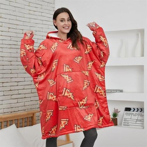 Fruit Print Oversized Hoodie Women Sherpa Fleece Sweatshirt Winter Pattern Wearable TV Blanket with Sleeve Bread Pullover 2021