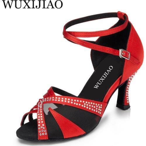 WUXIJIAO Black orange and red satin crystal rhinestone salsa tango ballroom dancing shoes Latin dancing shoes and dance shoes