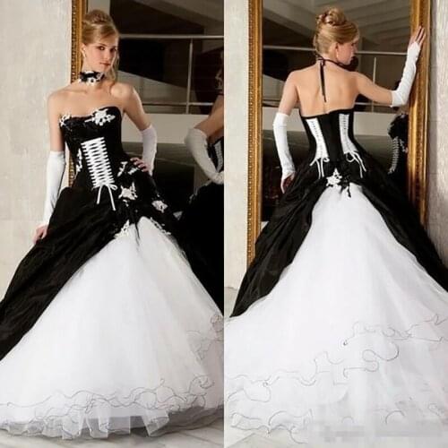 Vintage Black And White Wedding Dresses 2020 Ball Gowns Hot Sale Lace-Up Corset Victorian Gothic Plus Size Piping Bridal Gowns