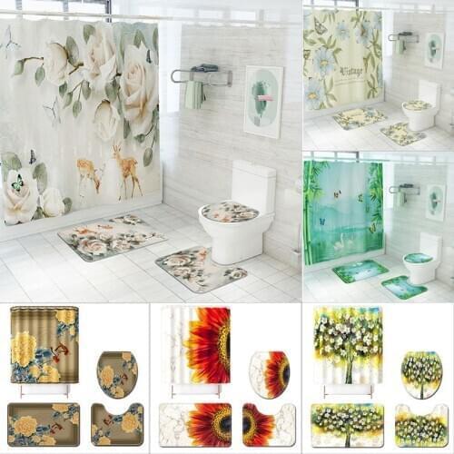 High Quality 3d Fabric Shower Curtains Beautiful Flowers Tree Bathroom Curtain Anti Slip Pedestal Rug Lid Toilet Cover Bath Mat