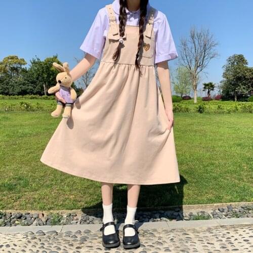 Japanese Sweet Soft Girl 2 Piece Set Women Kawaii Cute Sleeveless Strap Dress Summer New All-Match Solid Short Sleeve Shirt Suit