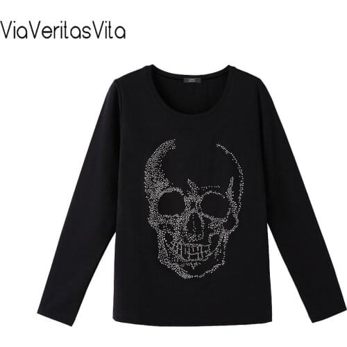 QINGSHI PUNK style Diamond Skull Print Womens Long Sleeve T Shirt HipHop Shining Female Black Top Tees Fall Spring Basic T Shirt