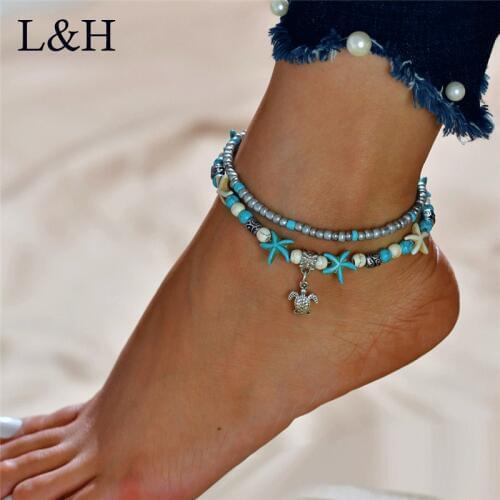 Bohemian Shell Crystal Beaded Starfish Anklets For Women Multi Layer Charm Barefoot Beach Sandals Foot Jewelry cheville femme
