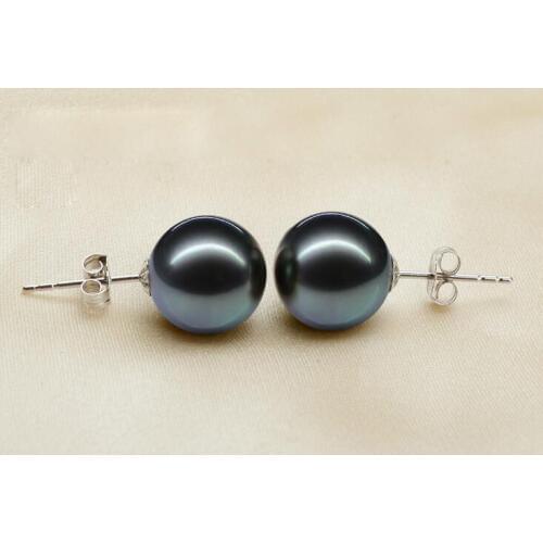 Women Jewelry Earring 8mm 10mm 12mm 14mm 16mm bright black green round ball natural shell pearl Stud Earring