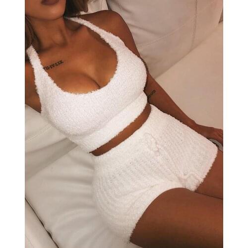Women Solid Spaghetti Strap Crop Top & Short Sets Female White Summer Crop Top Shorts Two Pieces Set Lady Casual Pajama Bodysuit