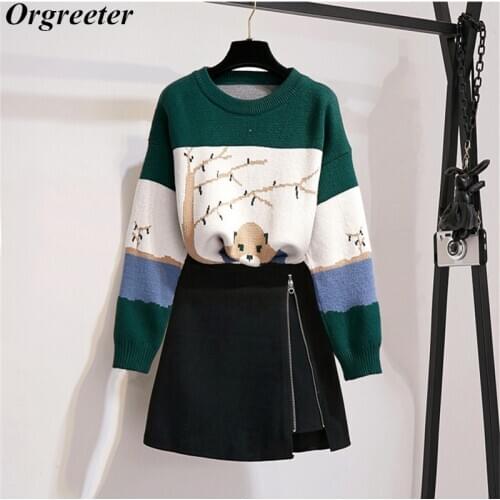2020 Fall Winter New Casual Women Two piece set Cartoon animal jacquard Stitching Sweater and A-line Mini Skirt Student Sets
