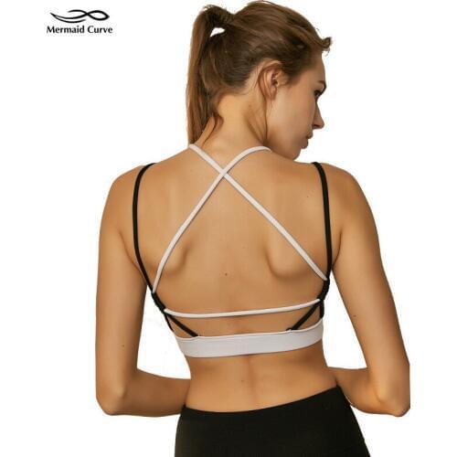 Mermaid Curve Black White Patchwork Cross Straps Gym Sports Bra Women Sexy Yoga Fitness Top Padded Push Up Yoga Bra Crop Top