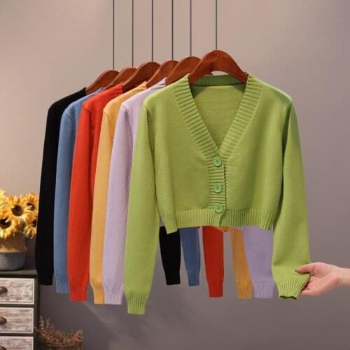 2021 Spring Cardigan For Women Knitted Sweater V-neck Long Sleeve Crop Tops Female Button Up Cardigans Cropped Women Clothing