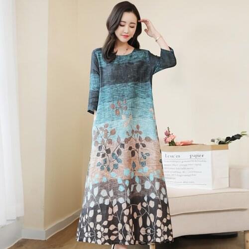 2021 New Arrival Fashion Spring Summer Dress Print Floral Linen Cotton Vintage Chinese Style Dress Plus Size Women Casual Dress