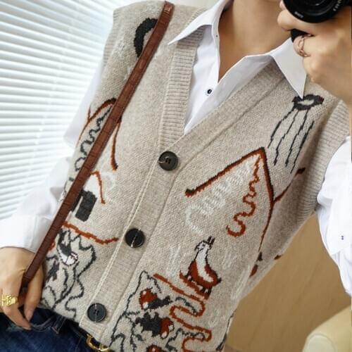 LHZSYY2020 Pure Wool Waistcoat Embroidered Vest Jacket New Fall/Winter Women Fashion Plus Size V-Neck Knit Cashmere Cardigan Top