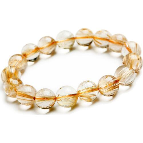 13mm Brazilian Genuine Natural Yellow Gold Hair Rutilated Quartz Crystal Transparent Stretch Charm Round Bead Bracelet