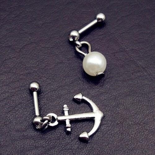 2pcs 316L Surgical Steel anchor Plated Mens Cartilage Earring Plug Popular pearl Barbell Piercing Body Jewelry free shipping