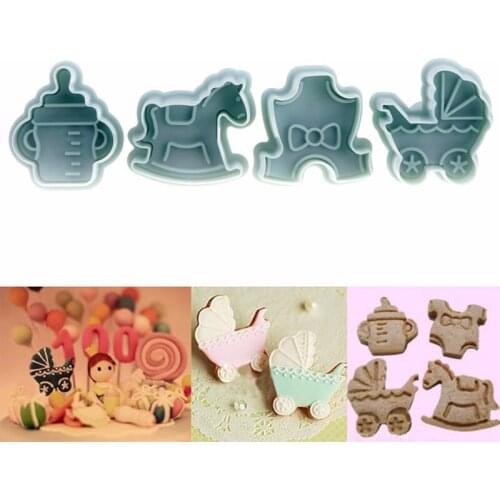 4pcs/set Baby Carriage Baby Bottle Trojan Horse Cookie Cutters Cake Mold Spring Biscuit Fondant Cutter Mould Baking Sugarcraft