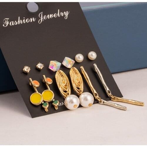 6 Pairs/Set Womens Earrings Set Stud Earrings For Women Bohemian Fashion Jewelry Geometric Long Crystal Pearl Earrings 2020