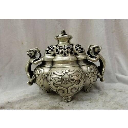 7" China silver finely dragons decorative pattern incense burner censer Statue