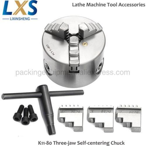 Machine Tool Accessories 6600rpm Three-jaw 80mm Self-Centering Lathe Chuck K11-80 with Wrench and Screws Hardened Steel