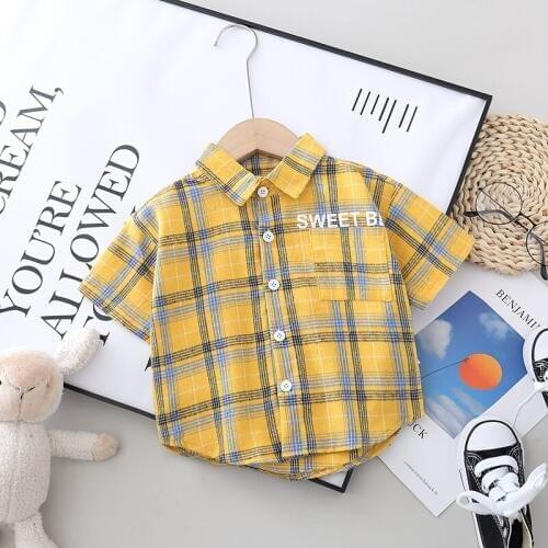 Kids Plaid Shirts plaid new Children Kid Boys Girls short Sleeve Buttons Pocket Tops Shirt cartoon back Collar Casual Blouses